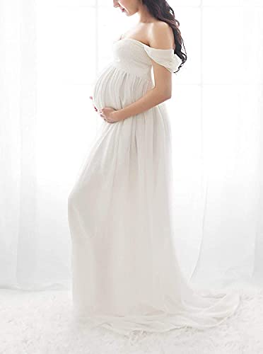 White Maternity Dress for Photoshoot Off Shoulder Chiffon Gown Split Front Maxi Pregnancy Dresses for Photography White M