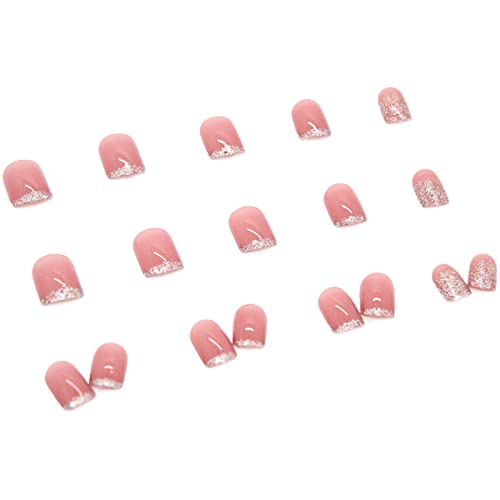 Hkanlre Short Pink Press on Nails Square Fake Nails Bling Full Cover French False Nails for Women and Girls 24PCS