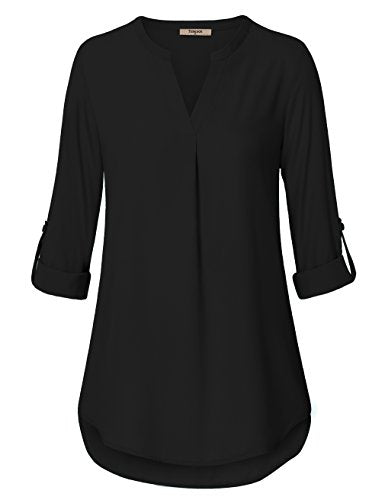 Timeson Black Blouses for Women,3/4 Sleeve Tunics Tops for Women Ladies Dressy Shirts V Neck Chiffon Blouse for Business Casual Fashion 2022 Office Work Blouse Career Formal Clothes Funeral