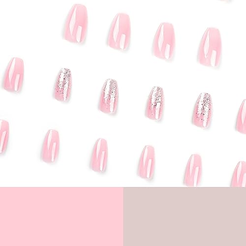 Press on Nails Medium Coffin Fake Nails with Bling Glitter Designs Pink Acrylic Nails Glossy Glue on Nails Cute Stick on Nails Medium Length Press on Nails Reusable Artificial Nails for Women Girls