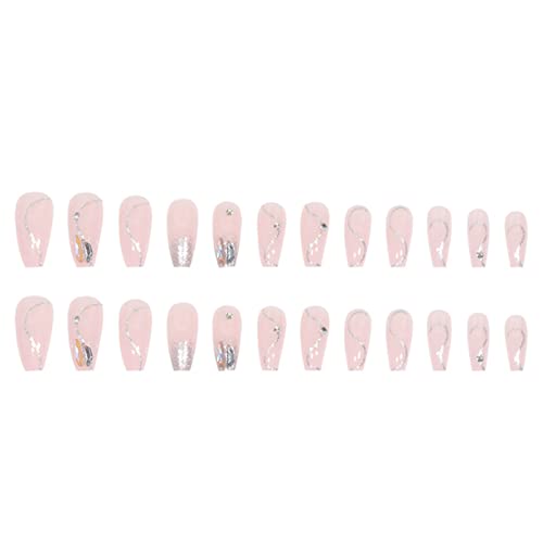 Hkanlre Gradient Press on Nails Tips Pink Coffin Long Fake Nails Crystal Full Cover False Nails Ballerina for Women and Girls 24PCS