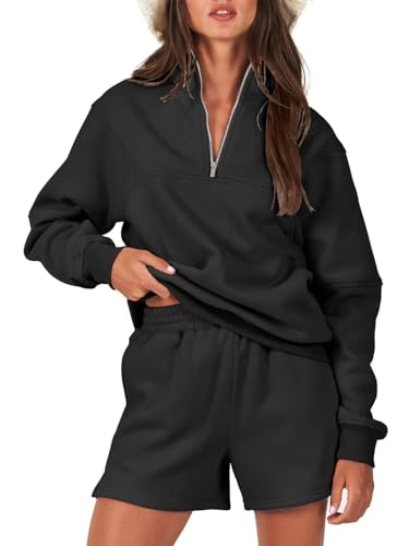 Prinbara 2 Piece Short Set Women Casual Comfy Sweat Sets Ladies Matching Lounge Short Sets Fleece Sweater Shorts Set Cozy Sweatsuits Set Outfits Baggy Trendy Winter Sets Black 1PA218-heise-M