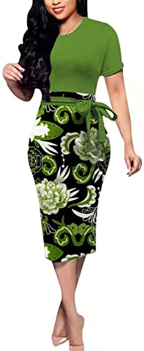 BOGURST Women Church Dress Formal Print Pencil Dress Short Sleeves with Blet Green L