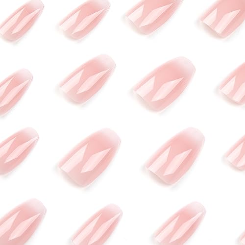 Medium Press on Nails Cute Coffin Fake Nails French Pink White Gradient Acrylic Nails Medium Length False Nails with Designs Glossy Stick on Nails for Women Girls DIY Manicure