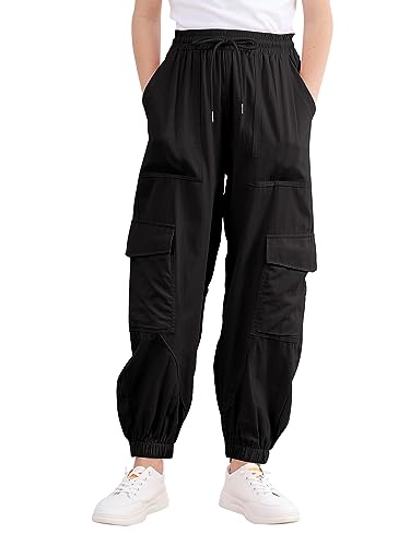 Kids Girl's Elastic Waist Black Casual Cargo Pants Pocket Side Cargo Jogger Long Pants 9-10 Years Old