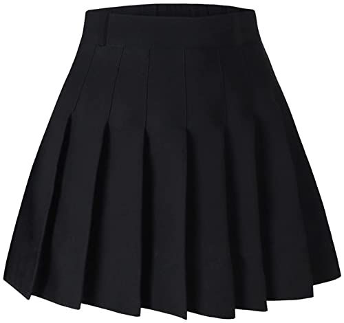 Women's High Waisted Pleated Skater Tennis School A-Line Skirt Uniform Skirts with Lining Shorts, Black, US S