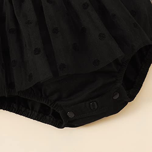 Infant Newborn Baby Girl Clothes Ruffle Sleeve Dress Romper 2Pcs Dot Mesh Skirts Hem Bodysuit with Headband Set (Black, 6-9 Months)