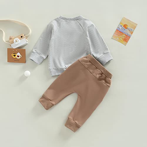 Toddler Baby Boy Clothes Solid Color Long Sleeve Crewneck Sweatshirt Top Casual Pants Set 2Pcs Fall Winter Outfits (Grey & Coffee, 12-18 Months)