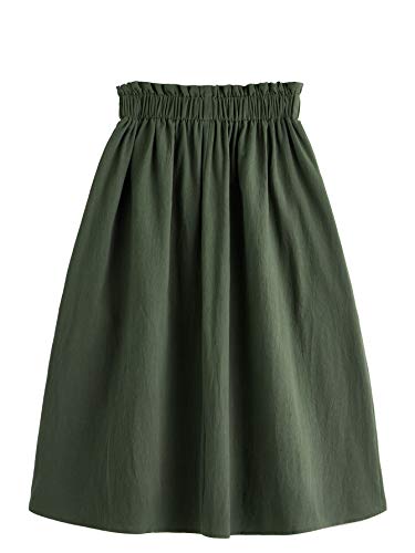 SweatyRocks Women's Casual Paper Bag Waist A Line Pleated Midi Skirt with Pockets Army Green L