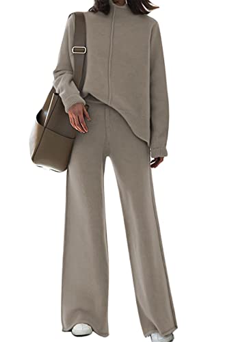 Women Knit Top and Pants Set Oversized Turtleneck Sweater Pullover Wide Leg Pants Leisure Loungewear Khaki M