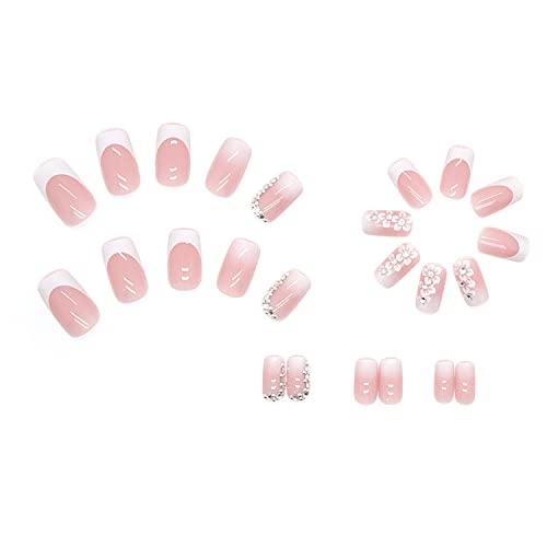 Medium Square Press on Nails French Tip Fake Nails Pink Full Cover False Nails with Flower and Rhinestones Designs Spring Glue on Nails Glossy Stick on Nails for Women and Girls 24Pcs