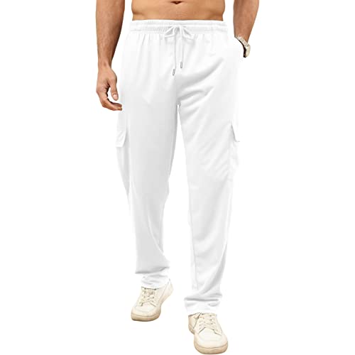 CTU Mens Workout Cargo Sweatpants Athletic Pants Open Bottom Joggers Casual Baggy Sweatpants with Pockets White