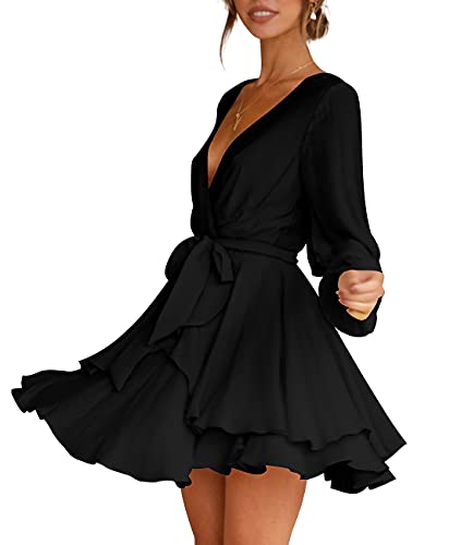 Womens Mini Dress Deep V-Neck Baggy Sleeve Ruffle Hem Short Dresses Black S