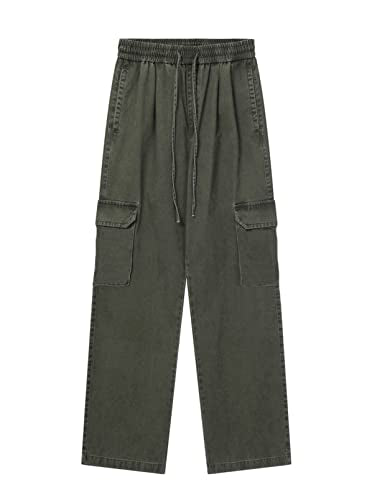 Dokotoo Womens 6 Pockets High Waisted Wide Leg Cargo Pants Baggy Casual Combat Military Pants Green