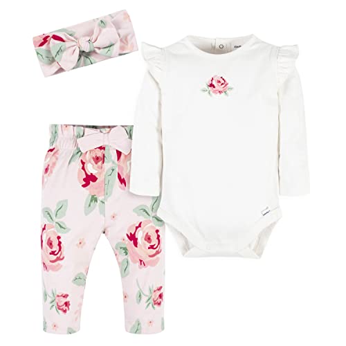 Gerber Baby Girls Long Sleeve Onesies 3-Piece Bodysuit, Pants & Headband Set, Pink Rose, 12 Months US