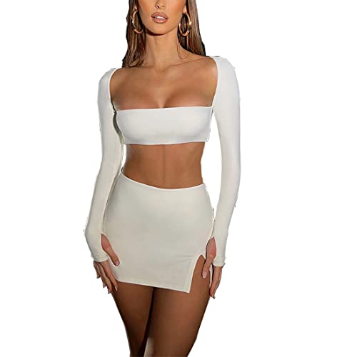 Azhong Women’s 2 Piece Set Long Sleeve Square Neck Crop Top Bodycon Mini Club Party Skirt Set