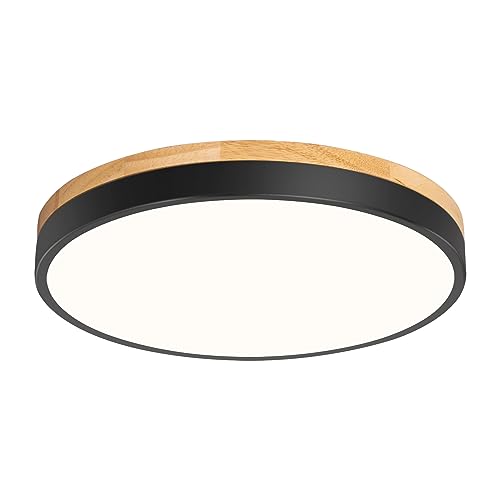 Vikaey Modern Wood LED Ceiling Light Fixture, Simple Black Flush Mount Ceiling Lamps, Circle Close to Ceiling Lighting Fixtures for Living Room, Bedroom, Dining Room, Kitchen, Laundry Room (11.8")