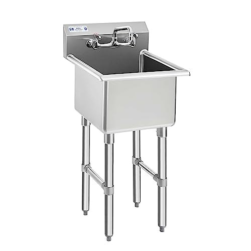 HALLY Commercial Stainless Steel Sink 1 Compartment NSF Prep & Utility Sink with 8" Faucet 15" L x 15" W x 12" D Bowl for Bar, Restaurant, Kitchen, Hotel and Home