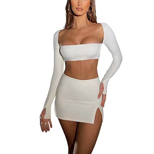 Azhong Women’s 2 Piece Set Long Sleeve Square Neck Crop Top Bodycon Mini Club Party Skirt Set