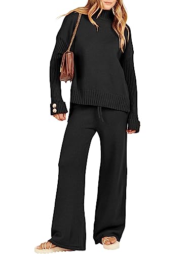 ANRABESS Women's Two Piece Outfits Sweater Sets Long Sleeve Knit Pullover and Wide Leg Pants Lounge Sets 2023 Fall Fashion Clothes Tracksuit Sweatsuit Set Black B1022heise-S