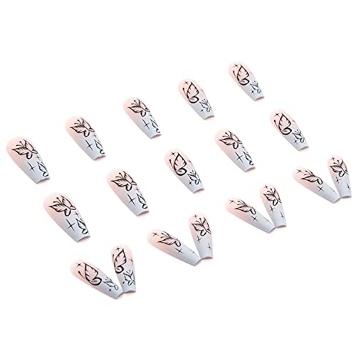 Hkanlre Fake Nails Long Coffin Butterfly Press on Nails Matte Acrylic Full Cover Ballerina False Nails for Women and Girls 24PCS