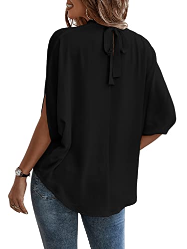 Verdusa Women's Casual Tie Back Dolman Sleeve Mock Neck Blouse Top Black M