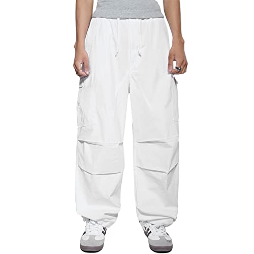 Men's Baggy Loose Cargo Pants Hip Hop Streetwear Drawstring Pockets Wide Leg Jogger Cargo Trousers for Men (White, M)