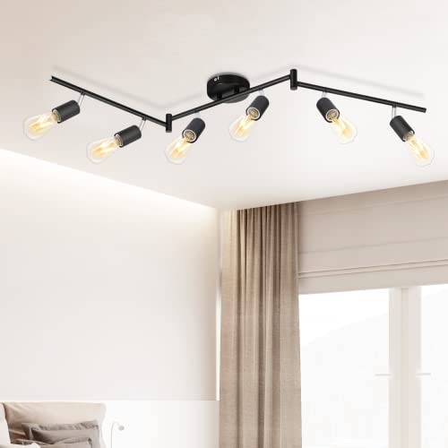 Kimjo 6-Light Track Lighting Fixtures Ceiling, Flush Mount Black Track Light Kit with Rotatable E26 Light Heads, Directional Kitchen Ceiling Spotlight for Office, Dining Room, Closet, Studio