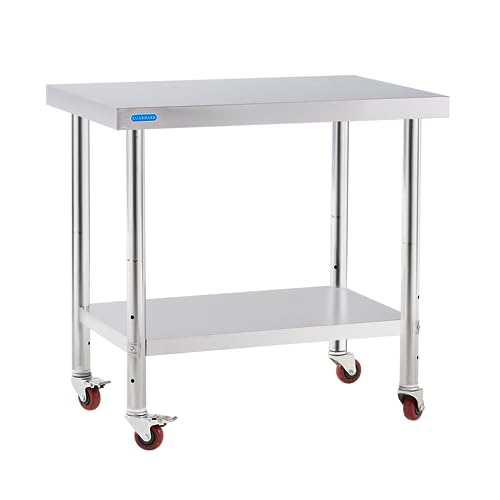 KUARBARR 2023 New Stainless Steel Table for Prep & Work with 4 Caster Wheels with Undershelf 24 x 36 NSF Metal Commercial Kitchen Adjustable Undershelf Worktable for Restaurant Home Outdoor