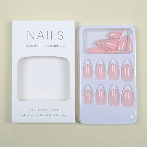 French Tip Medium Press on Nails Almond Shaped Fake Nails Nude of White Nail Tip Acrylic Nails Glossy Artificial Nails Summer Stick on Nails Full Cover Glue on Nails for Women 24Pcs