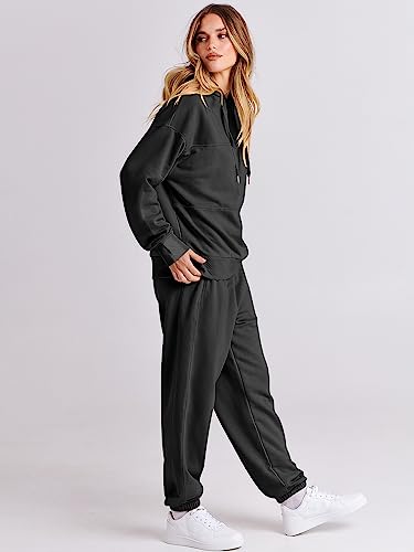 Caracilia Women's Hoodies Tracksuits Loose Long Sleeve Sweatshirts Jogger Pant Set 2 Piece Outfits Casual 2023 Travel Trendy Clothes C107A5heise-XL