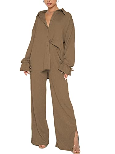 LYANER Women's 2 Piece Outfits Button Down Long Sleeve Shirt and Wide Leg Pants Set Khaki Medium