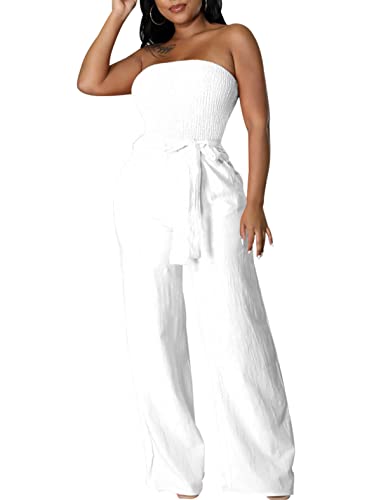 LightlyKiss Women's Casual Sleeveless Tight Jumpsuit Elegant And Fashionable Pleated Long Pants Rompers White