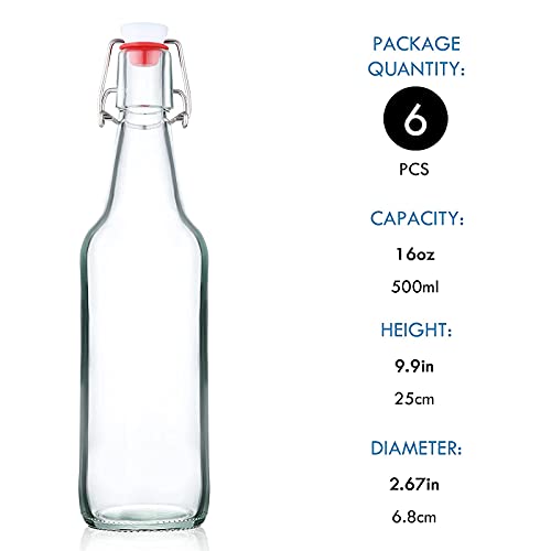 YEBODA Clear Glass Beer Bottles for Home Brewing with Easy Wire Swing Cap & Airtight Silicone Seal 16 oz- Case of 6