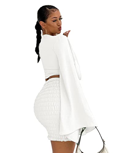 LYANER Women's 2 Piece Outfits Tie Knot Front Bell Long Sleeve Crop Top and Mini Skirt Set White Medium