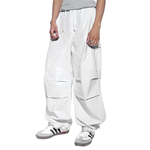 Men's Baggy Loose Cargo Pants Hip Hop Streetwear Drawstring Pockets Wide Leg Jogger Cargo Trousers for Men (White, M)