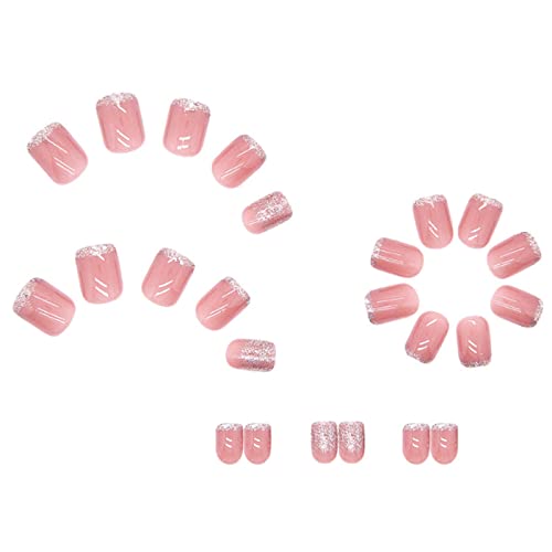 Hkanlre Short Pink Press on Nails Square Fake Nails Bling Full Cover French False Nails for Women and Girls 24PCS