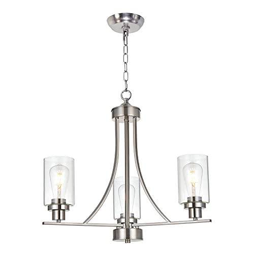 BONLICHT Contemporary Chandelier 3 Light Brushed Nickel Modern Lighting Fixtures Hanging Clear Glass Shades Pendant Light Classic Ceiling Lamp for Kitchen Dinging Room Living Room Bedroom Hallway