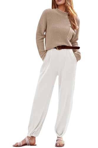 PRETTYGARDEN Women's Fall 2 Piece Sweater Set Casual Pullover Top High Waisted Sweatpants Tracksuit Lounge Outfits (Khaki Beige White,Small)