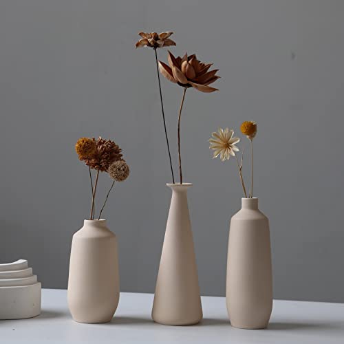 Abbittar Ceramic Vase Set of 3, Minimalistic Style Flower Vases for Rustic Home Decor, Modern Farmhouse Decor, Living Room Decor, Shelf Decor, Table Decor, Bookshelf, Mantel and Entryway Decor - Beige