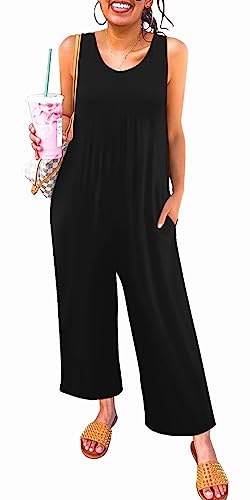 Nfsion Women's Summer Casual Loose Tank Jumpsuit Sleeveless Crewneck Long Pants Jumpsuit Romper with Pockets Large Black