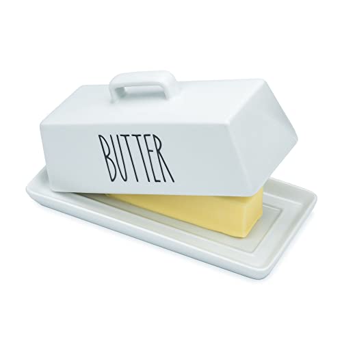 Heartland Home Porcelain Covered Butter Dish with Lid for Countertop (Lid with Handle). 7.6" x 3.8" Butter Holder Container for One Stick of Butter. Textured Tray Butter Keeper for Non Slip Storage