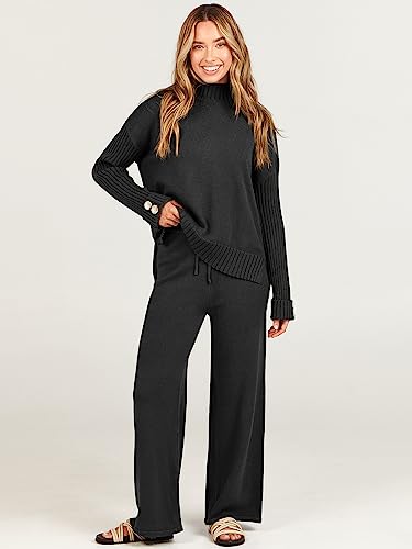 ANRABESS Women's Two Piece Outfits Sweater Sets Long Sleeve Knit Pullover and Wide Leg Pants Lounge Sets 2023 Fall Fashion Clothes Tracksuit Sweatsuit Set Black B1022heise-S