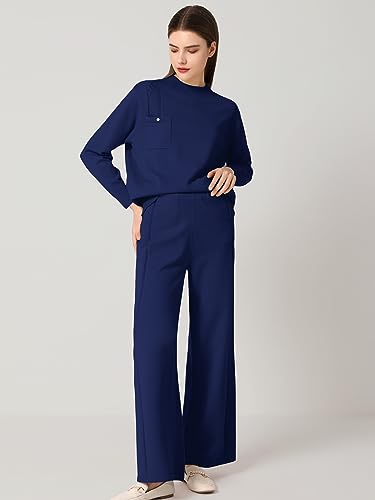 SuperPrity Cozy Knit Lounge Set 2023 Fall Trendy Mock Neck Sweater Sets Womens Plus 2 Piece Outfits Oversized Matching Pants Set Lounge Wear-2XL,Navy Blue