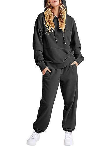 Caracilia Women's Hoodies Tracksuits Loose Long Sleeve Sweatshirts Jogger Pant Set 2 Piece Outfits Casual 2023 Travel Trendy Clothes C107A5heise-XL