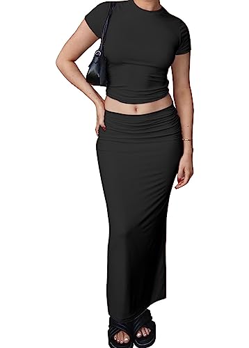 Two Piece Skirt Set for Women 2 PC Y2K Outfits Short Sleeve Crop Tops Bodycon High Waist Long Maxi Skirts Black S