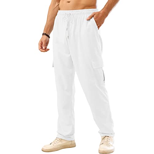 CTU Mens Workout Cargo Sweatpants Athletic Pants Open Bottom Joggers Casual Baggy Sweatpants with Pockets White