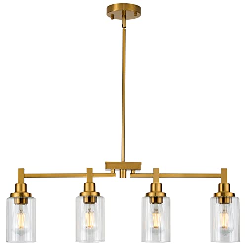 4-Lights Kitchen Island Lighting, Dining Room Chandelier Light Fixtures Over Table, Modern Linear Chandeliers with Fluted Clear Glass Shade Brushed Brass Ceiling Hanging for Living Room Bar Restaurant