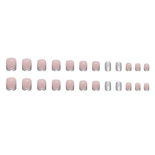 French Tip Press on Nails Short Square Fake Nails Glossy Metallic Silver Nail Tips False Nails with Sliver Glitters Designs Full Cover Nude Acrylic Nails Short Glue on Nails for Women Girls Manicure