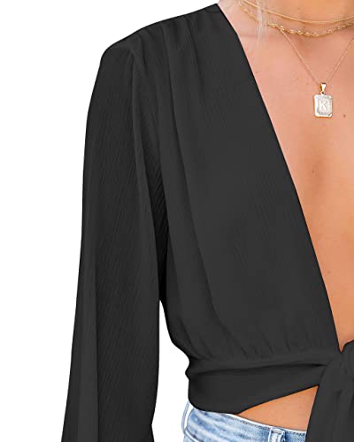 LYANER Women's Deep V Neck Tie Front Knot Long Sleeve Sexy Wrap Crop Top Blouse Solid Black Small